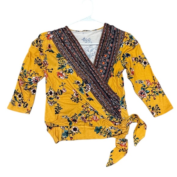 Loveappella Mustard Floral Wrap Top | Boho Tie Blouse - Picture 2 of 7